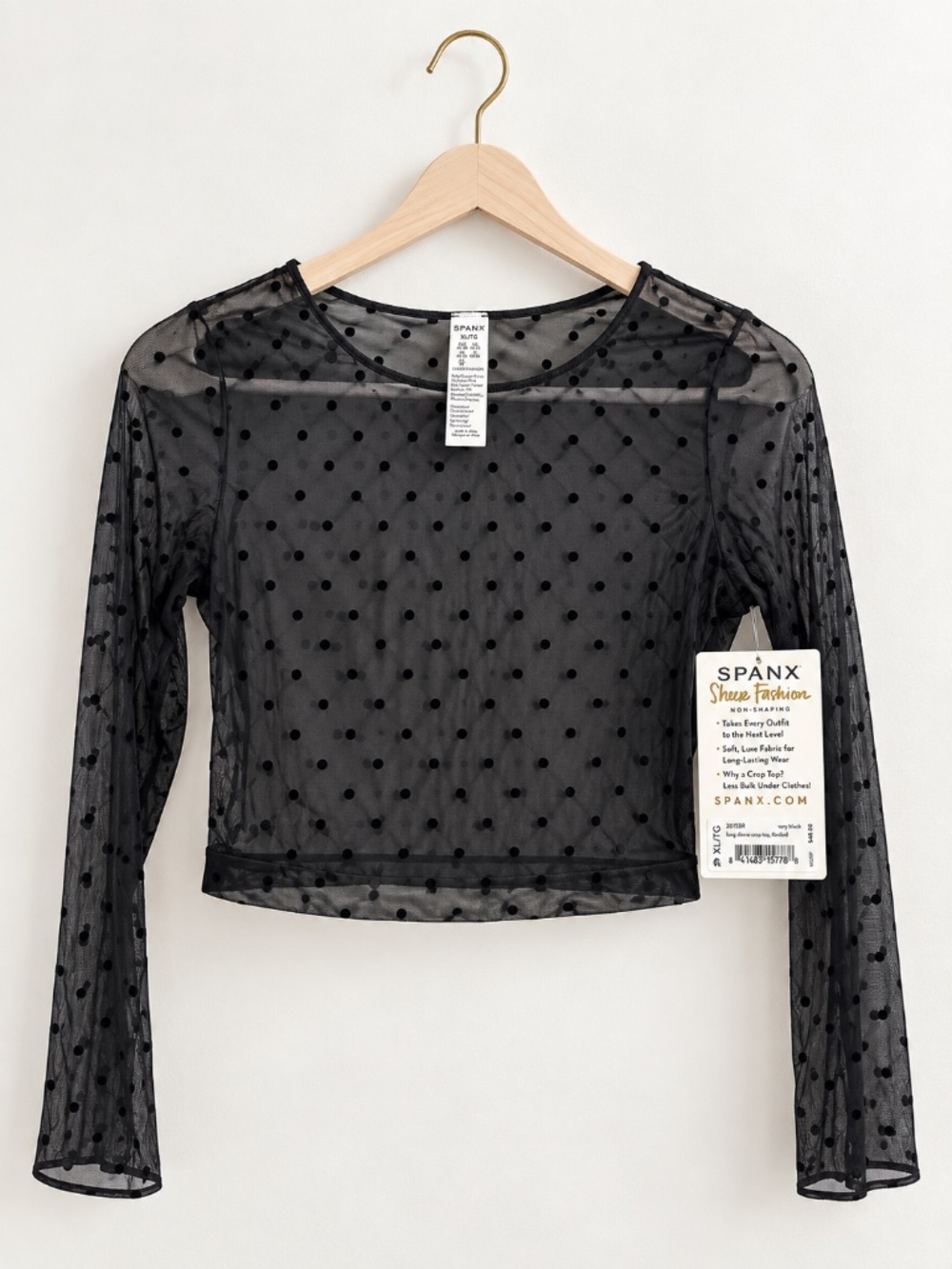 SPANX Sheer Fashion Polka Dot Mesh Crop Top Black XL NWT